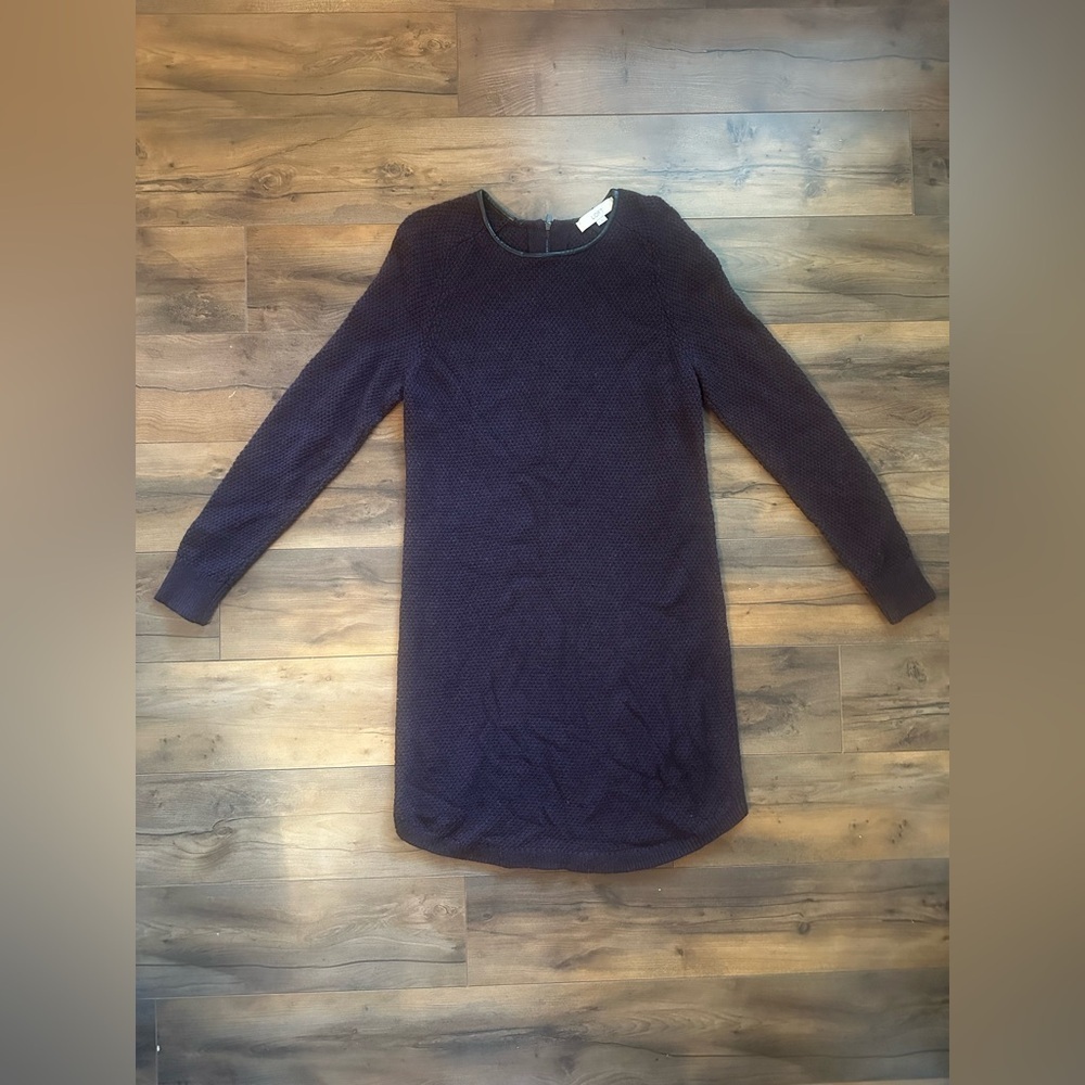 LOFT Long Sleeve Sweater Dress with Faux Leather Trim | Plum Purple | Size M